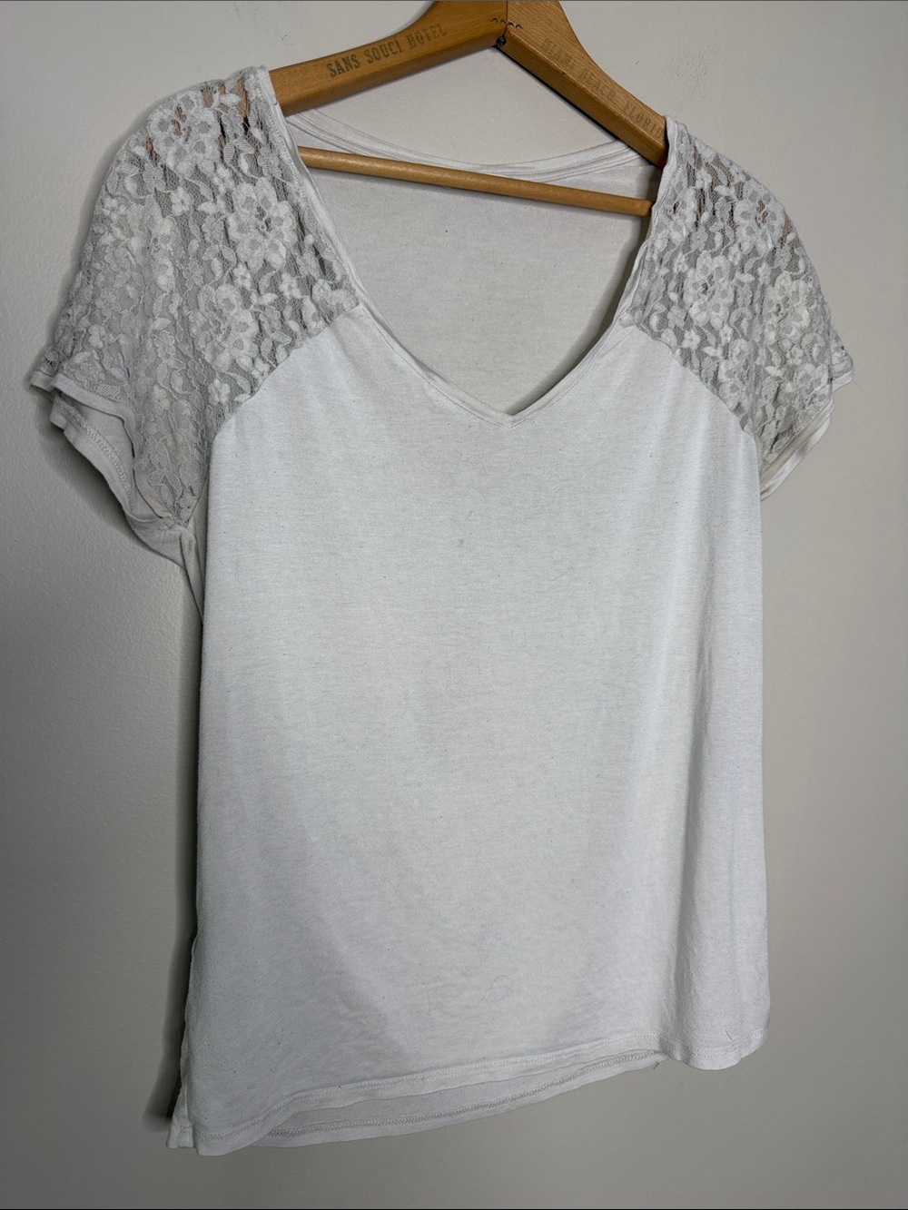Promod White V-Neck Tee with Lace Cap Sleeves